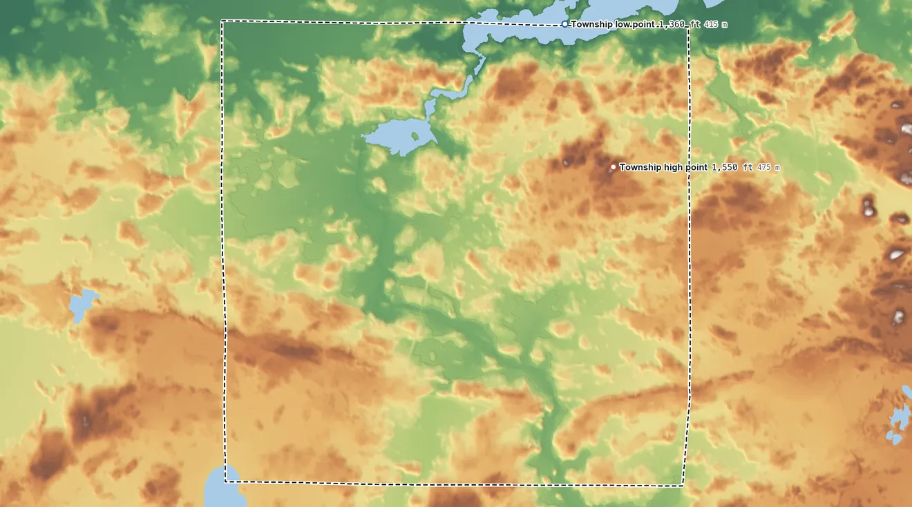 Topographic elevation map of Vermilion Lake Township, Minnesota, shaded from 1,360 ft on the north side to 1,550 ft on the northeast side