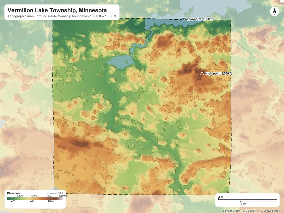 Topographic elevation map of Vermilion Lake Township, Minnesota, shaded from 1,360 ft on the north side to 1,550 ft on the northeast side
