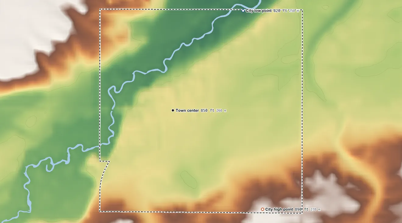 Topographic elevation map of Vermillion, Minnesota, shaded from 820 ft on the northeast side to 890 ft on the southeast side