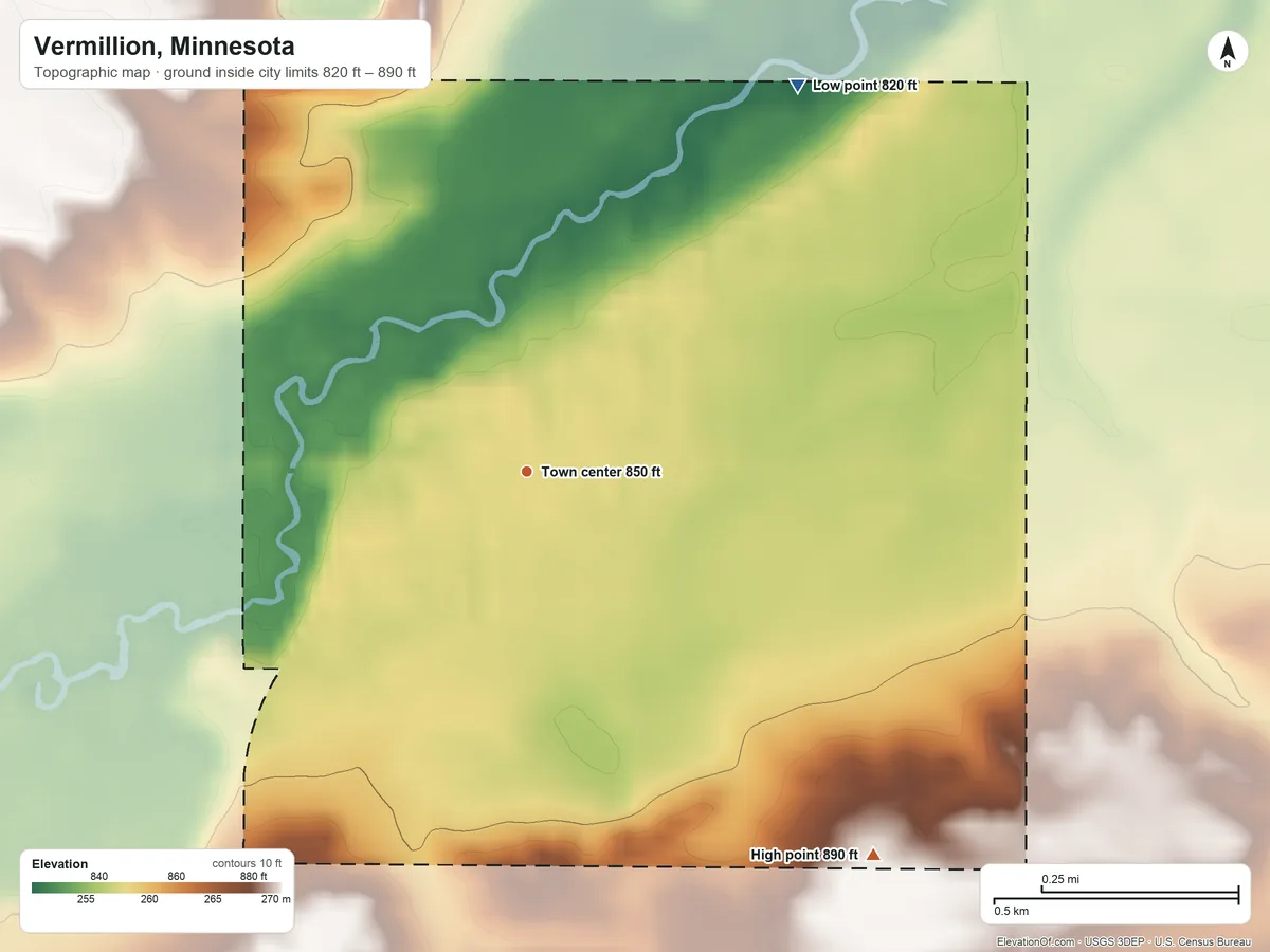 Topographic elevation map of Vermillion, Minnesota, shaded from 820 ft on the northeast side to 890 ft on the southeast side