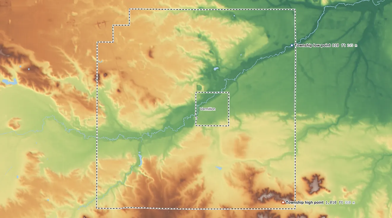 Topographic elevation map of Vermillion Township, Minnesota, shaded from 810 ft on the northeast side to 1,010 ft on the southeast side