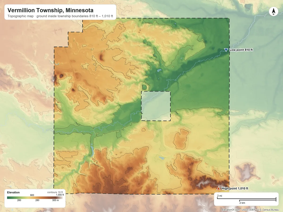 Topographic elevation map of Vermillion Township, Minnesota, shaded from 810 ft on the northeast side to 1,010 ft on the southeast side
