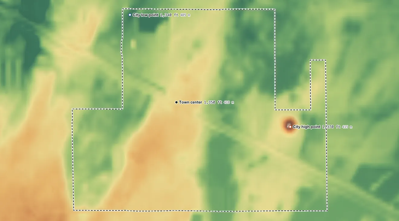 Topographic elevation map of Verndale, Minnesota, shaded from 1,340 ft on the northwest side to 1,370 ft on the east side