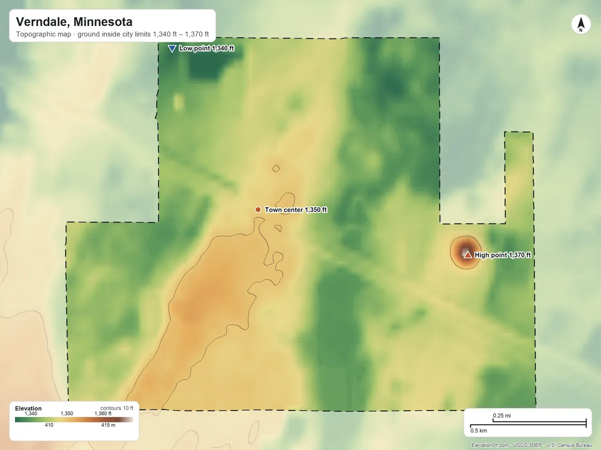 Topographic elevation map of Verndale, Minnesota, shaded from 1,340 ft on the northwest side to 1,370 ft on the east side