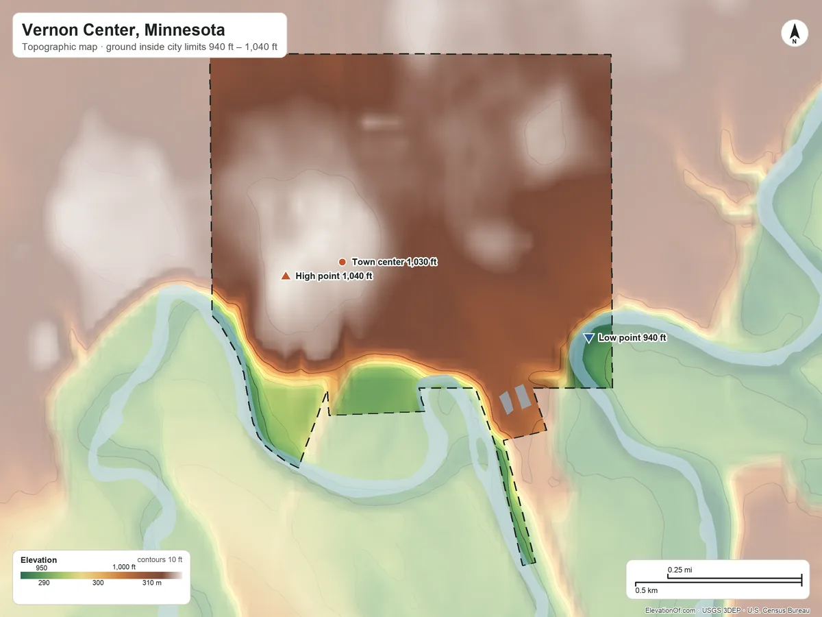Topographic elevation map of Vernon Center, Minnesota, shaded from 940 ft on the east side to 1,040 ft near the middle
