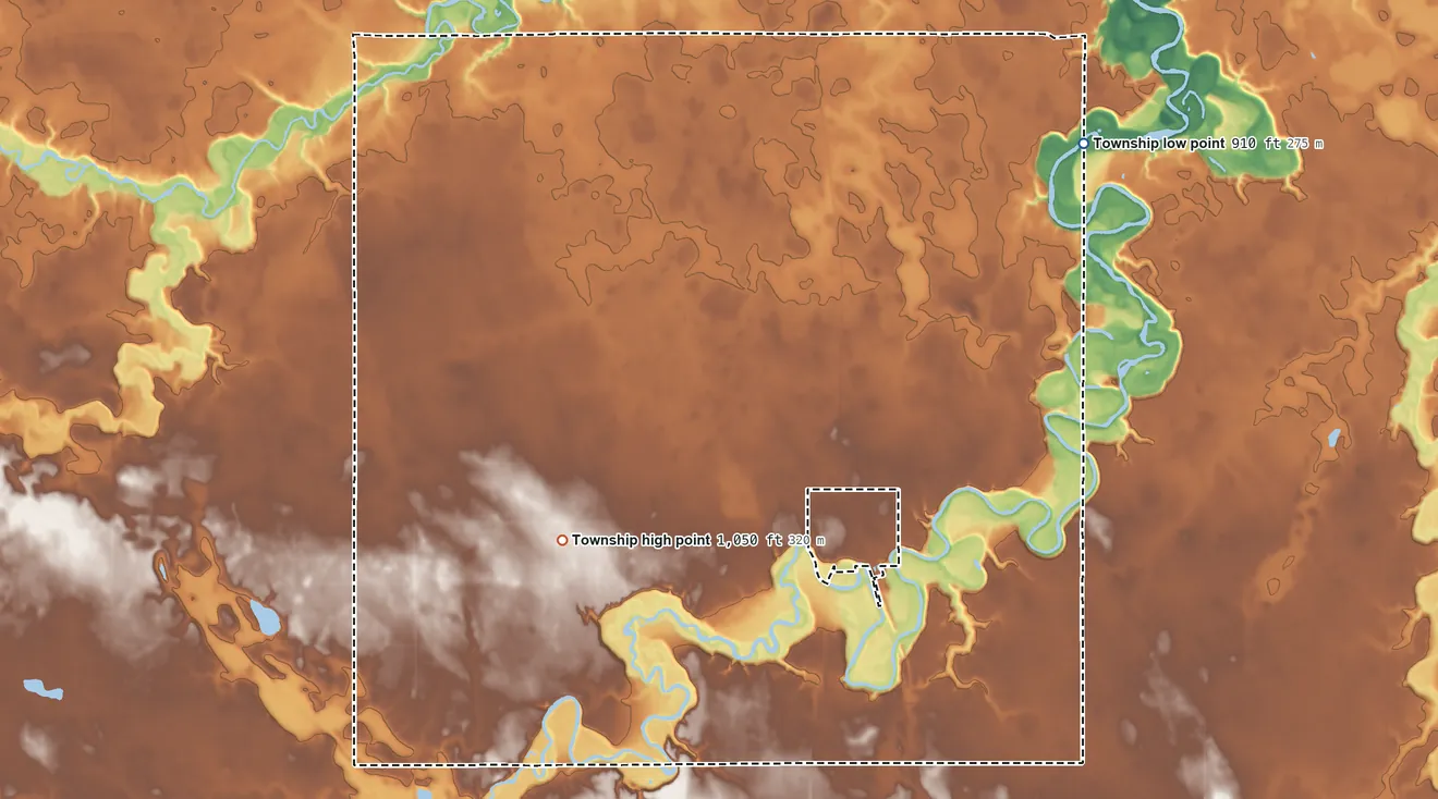 Topographic elevation map of Vernon Center Township, Minnesota, shaded from 910 ft on the northeast side to 1,050 ft on the southwest side