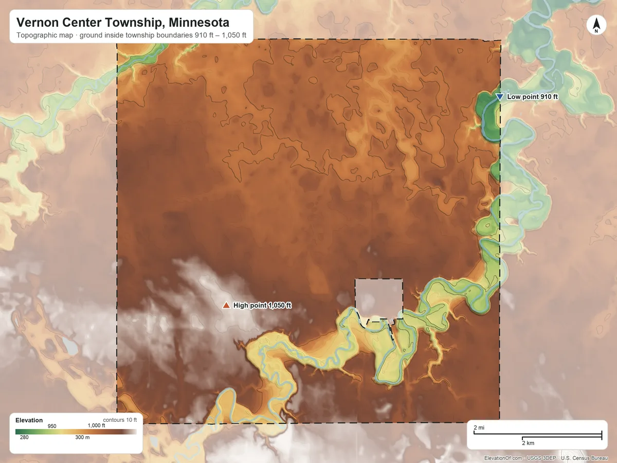 Topographic elevation map of Vernon Center Township, Minnesota, shaded from 910 ft on the northeast side to 1,050 ft on the southwest side