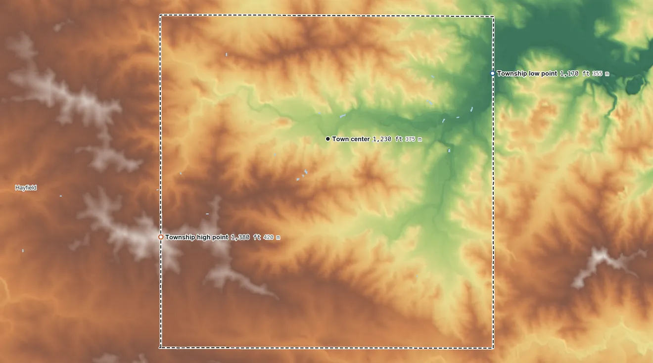 Topographic elevation map of Vernon Township, Minnesota, shaded from 1,170 ft on the east side to 1,380 ft on the southwest side