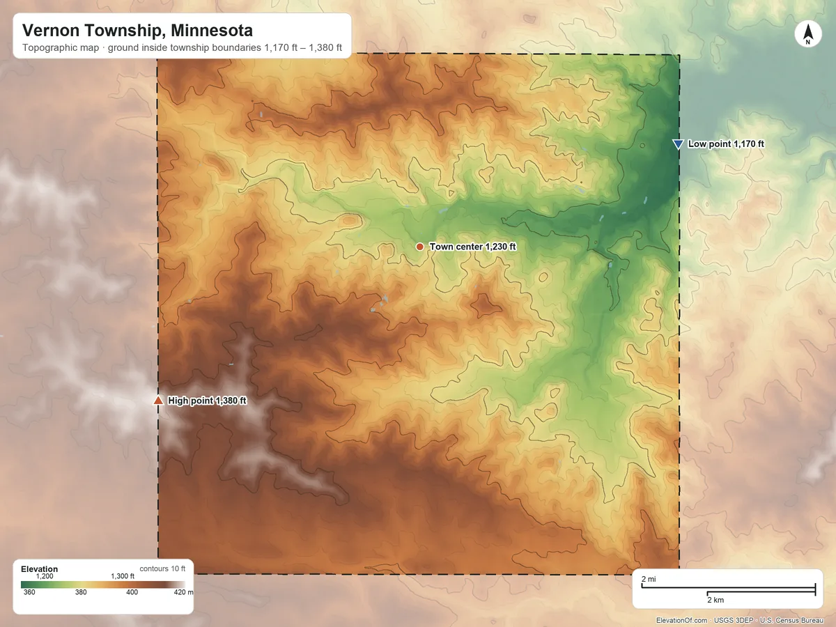 Topographic elevation map of Vernon Township, Minnesota, shaded from 1,170 ft on the east side to 1,380 ft on the southwest side