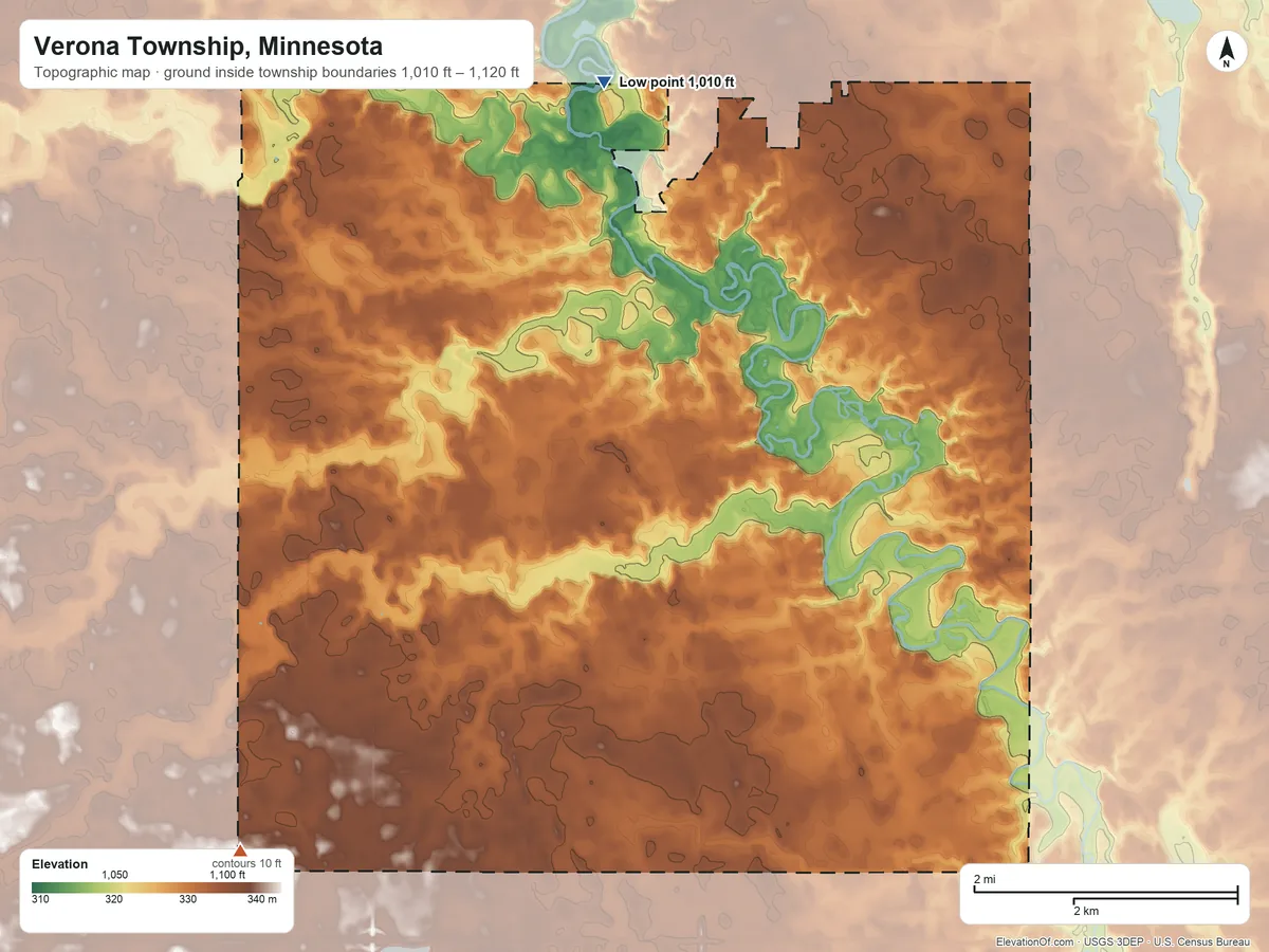 Topographic elevation map of Verona Township, Minnesota, shaded from 1,010 ft on the north side to 1,120 ft on the southwest side