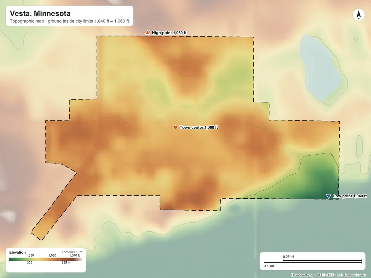 Topographic elevation map of Vesta, Minnesota, shaded from 1,040 ft on the southeast side to 1,060 ft on the north side