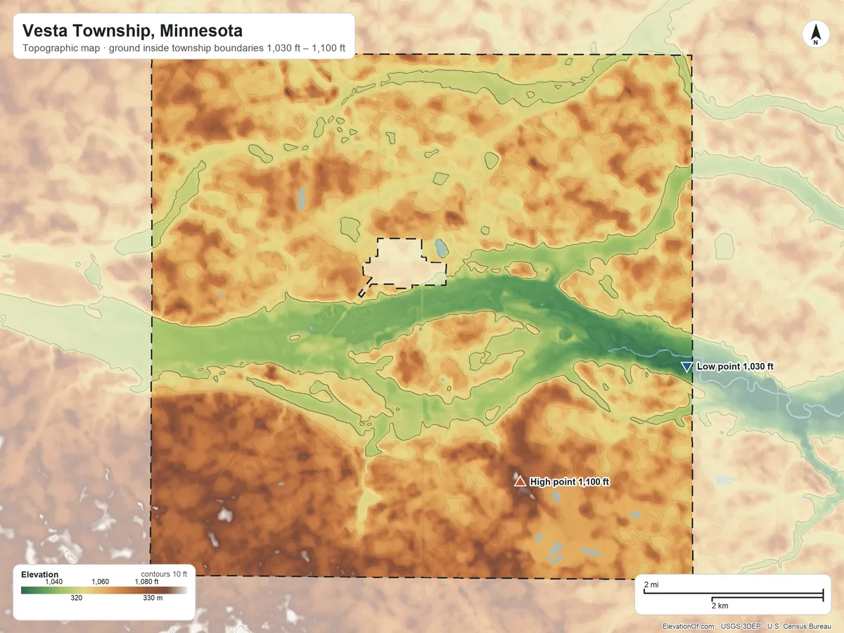 Topographic elevation map of Vesta Township, Minnesota, shaded from 1,030 ft on the east side to 1,100 ft on the southeast side