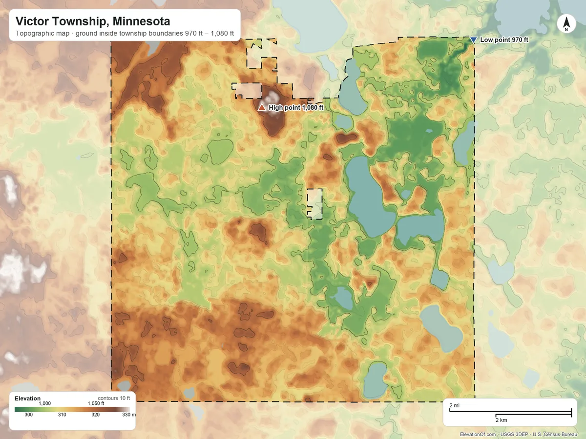 Topographic elevation map of Victor Township, Minnesota, shaded from 970 ft on the northeast side to 1,080 ft on the northwest side