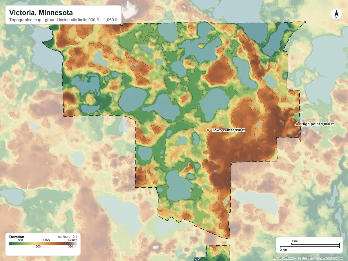 Topographic elevation map of Victoria, Minnesota, shaded from 930 ft on the south side to 1,060 ft on the east side