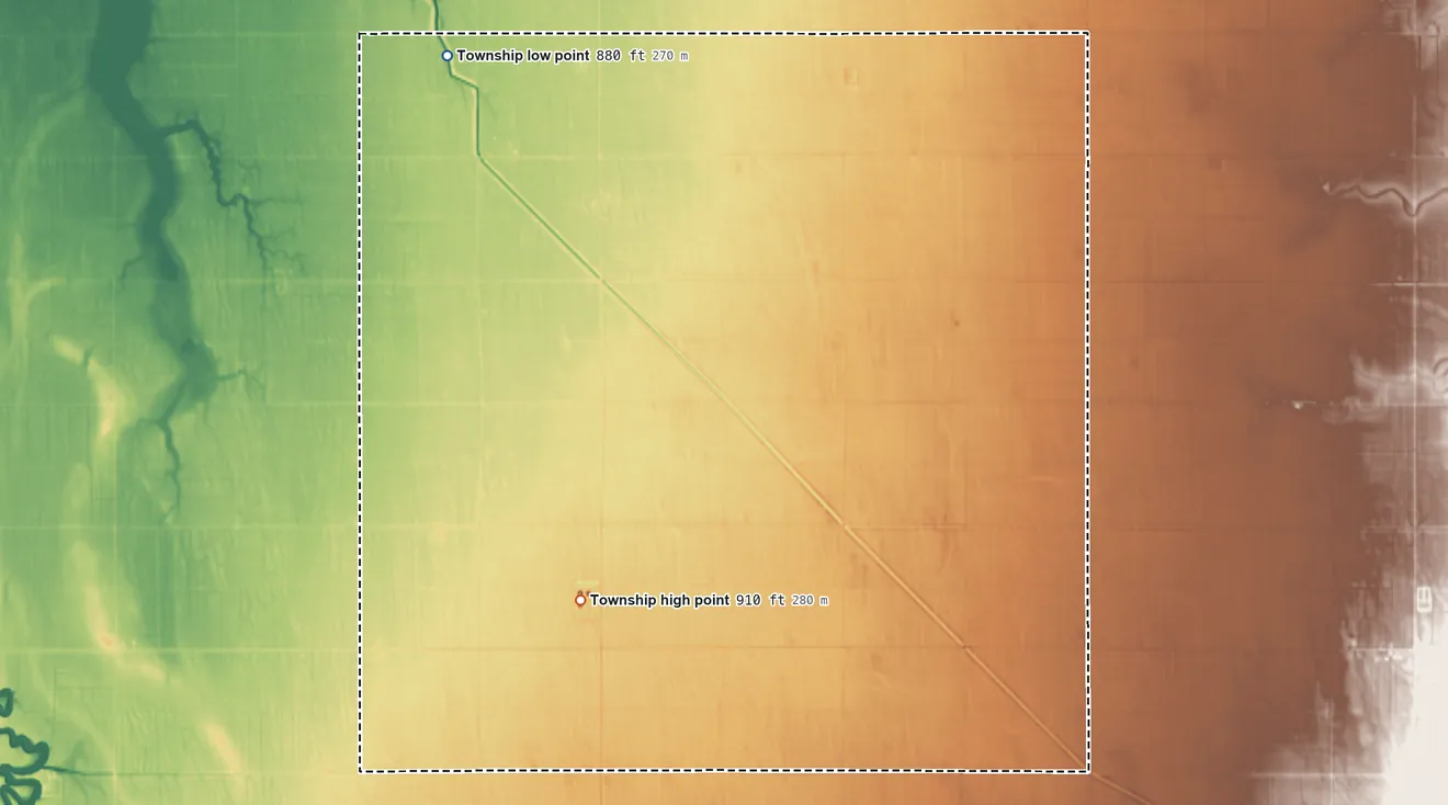 Topographic elevation map of Viding Township, Minnesota, shaded from 880 ft on the northwest side to 910 ft on the southwest side