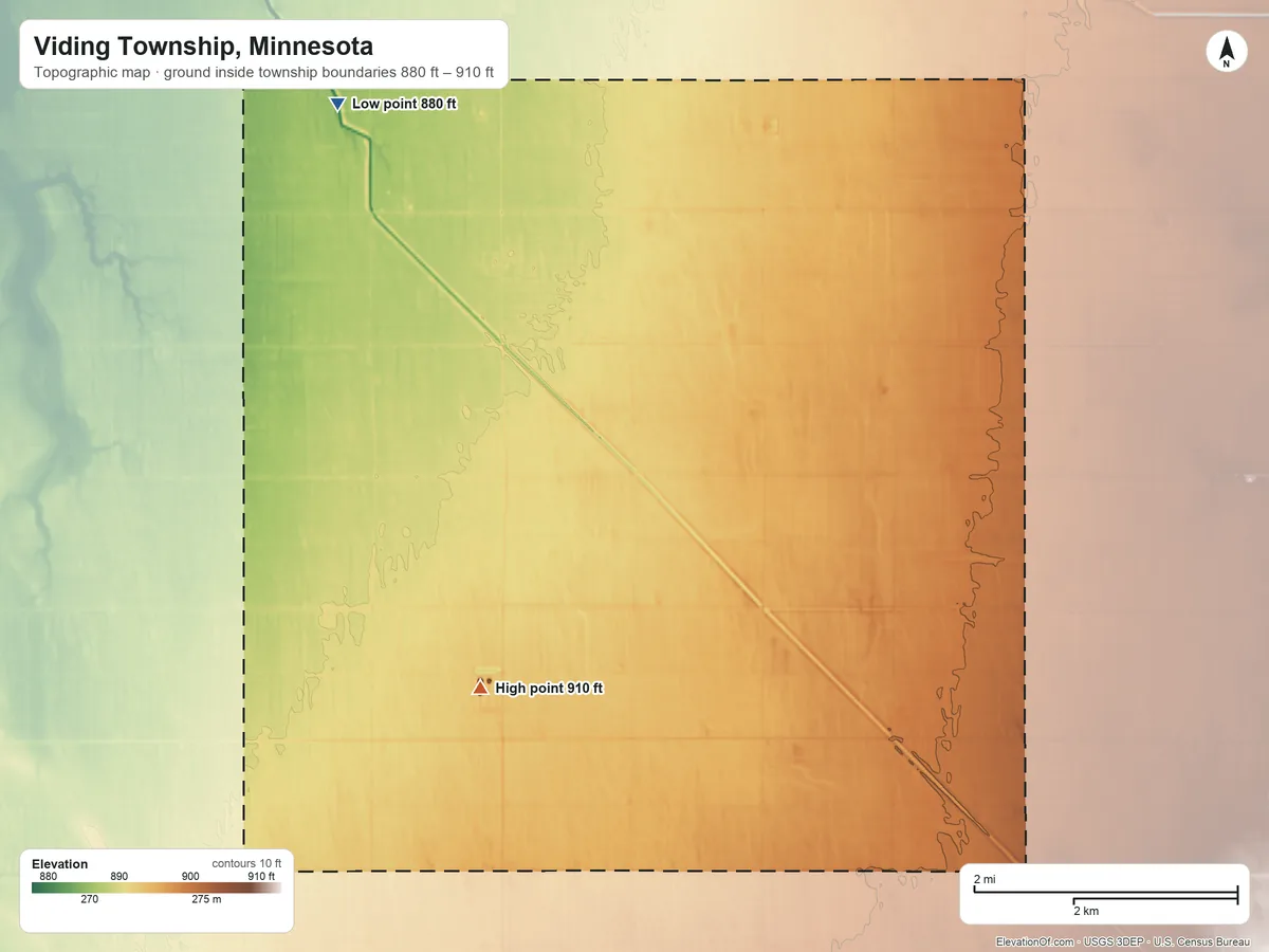 Topographic elevation map of Viding Township, Minnesota, shaded from 880 ft on the northwest side to 910 ft on the southwest side
