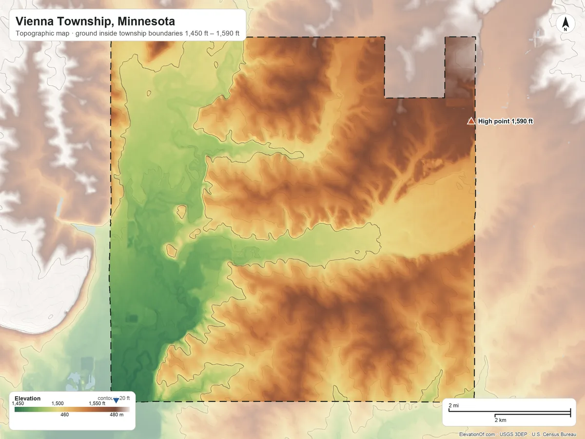 Topographic elevation map of Vienna Township, Minnesota, shaded from 1,450 ft on the southwest side to 1,590 ft on the northeast side
