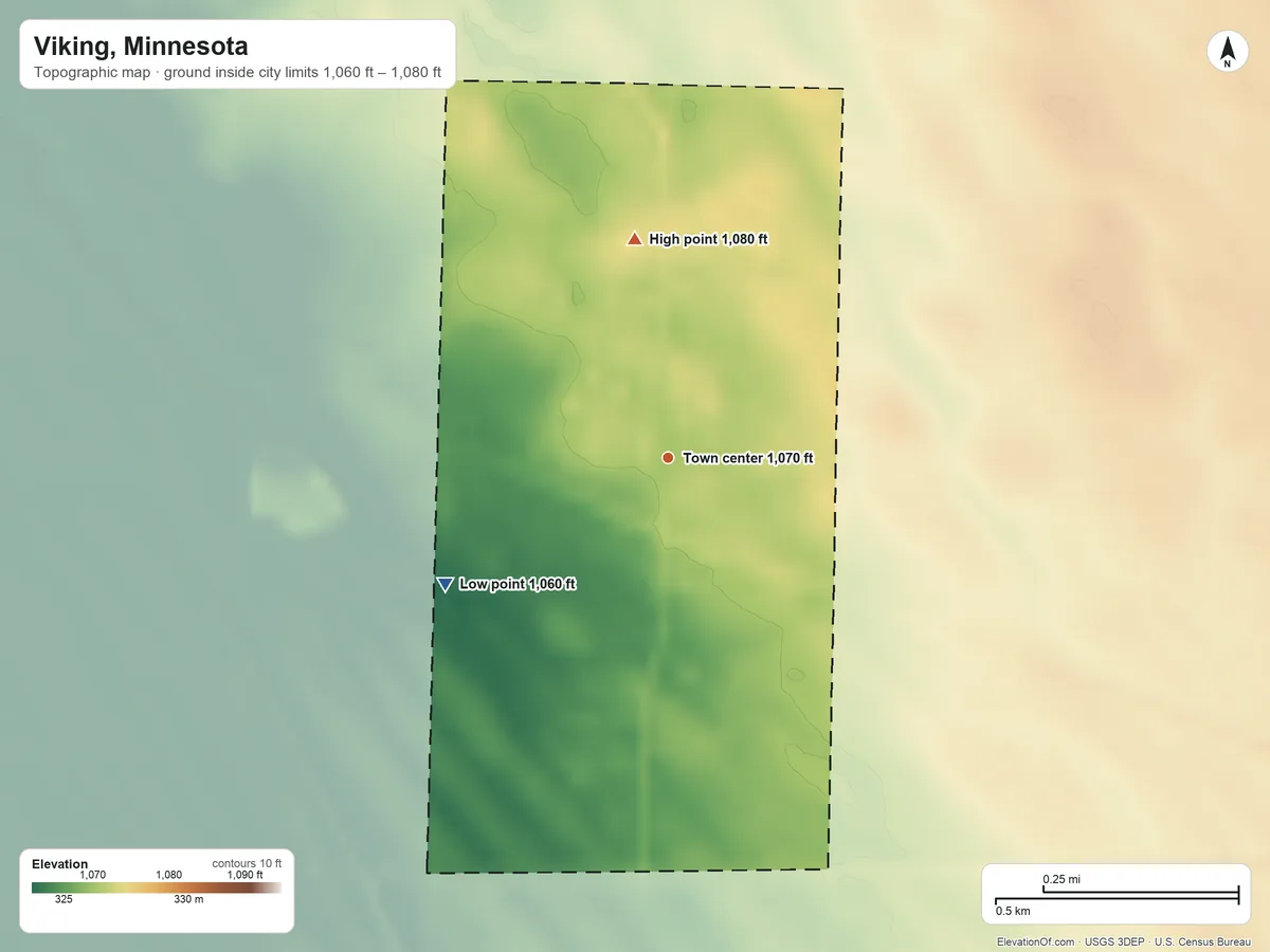 Topographic elevation map of Viking, Minnesota, shaded from 1,060 ft on the southwest side to 1,080 ft on the north side