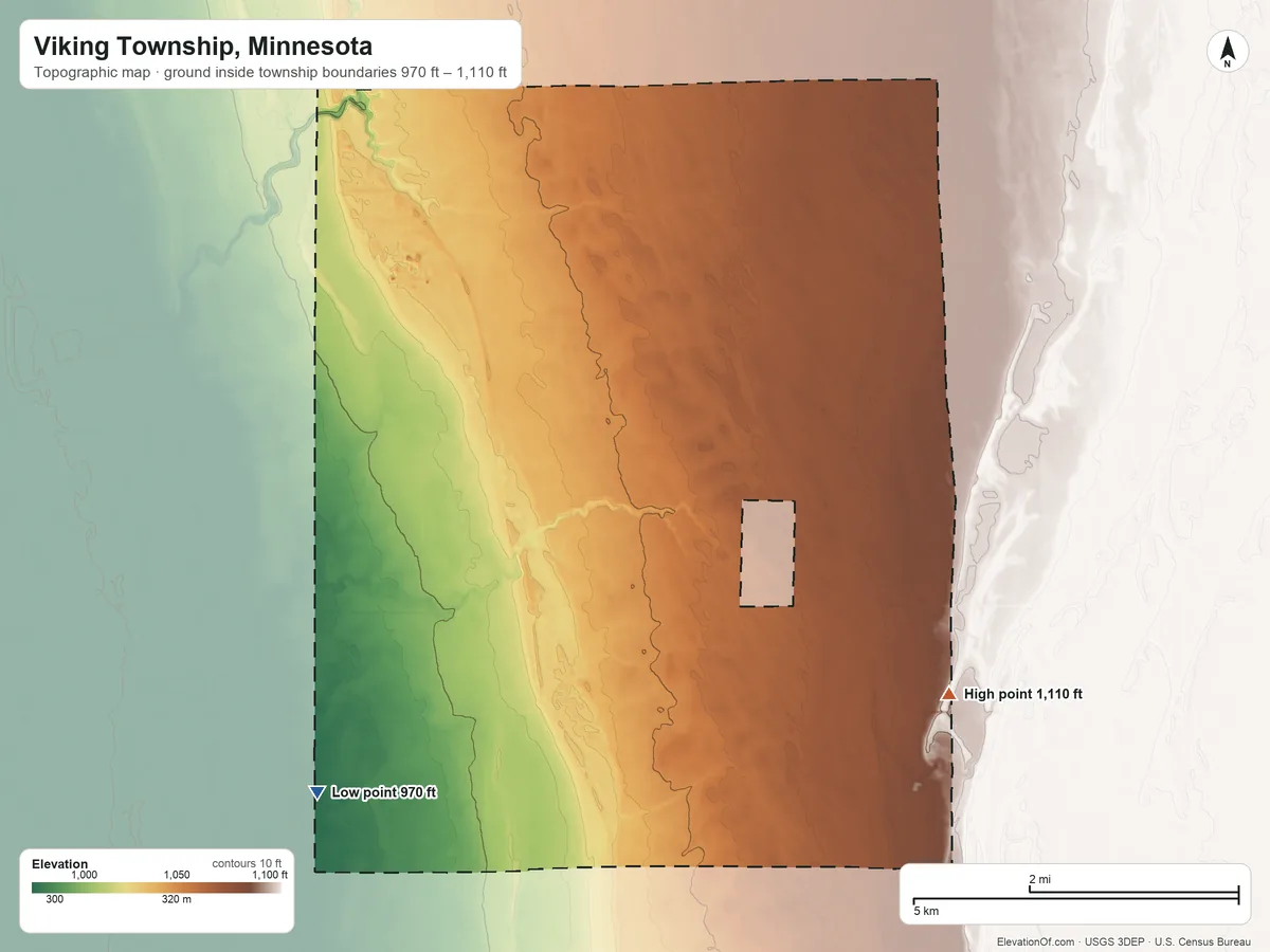 Topographic elevation map of Viking Township, Minnesota, shaded from 970 ft on the southwest side to 1,110 ft on the southeast side