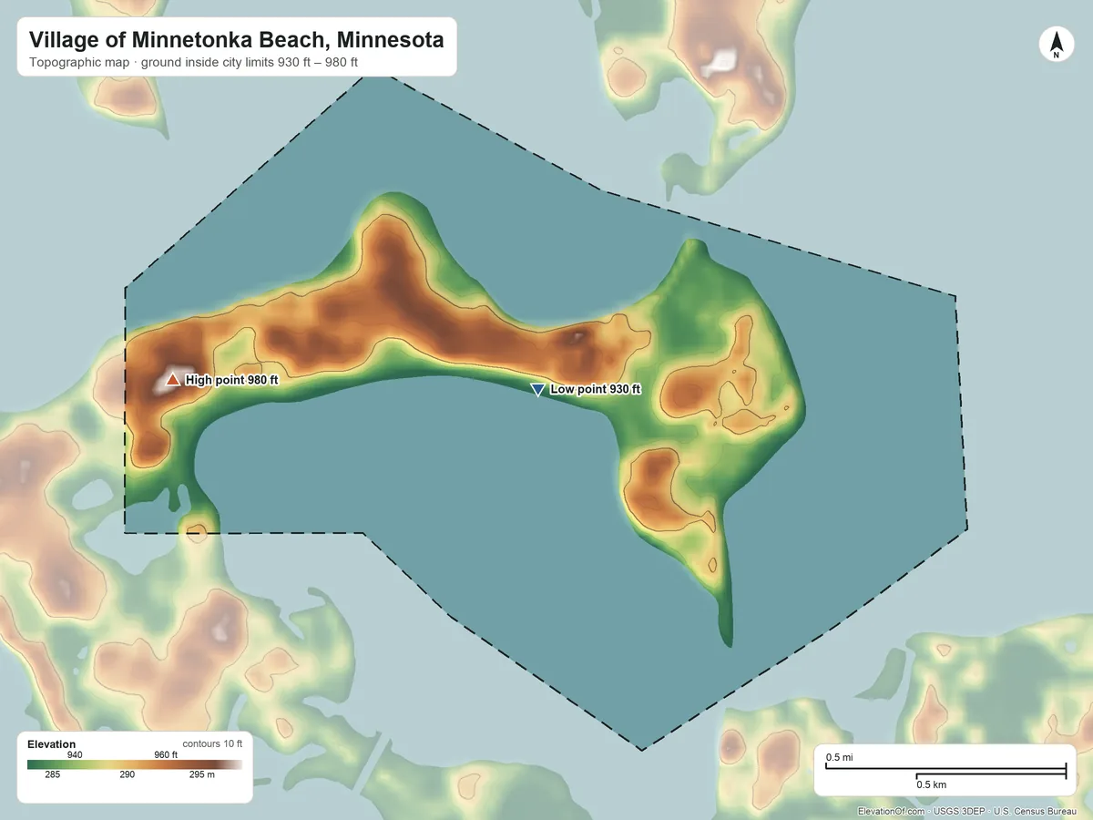 Topographic elevation map of Village of Minnetonka Beach, Minnesota, shaded from 930 ft on the east side to 980 ft on the west side