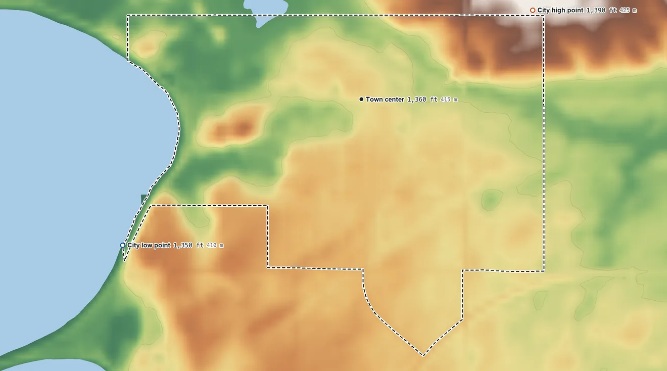 Topographic elevation map of Villard, Minnesota, shaded from 1,350 ft on the southwest side to 1,390 ft on the northeast side