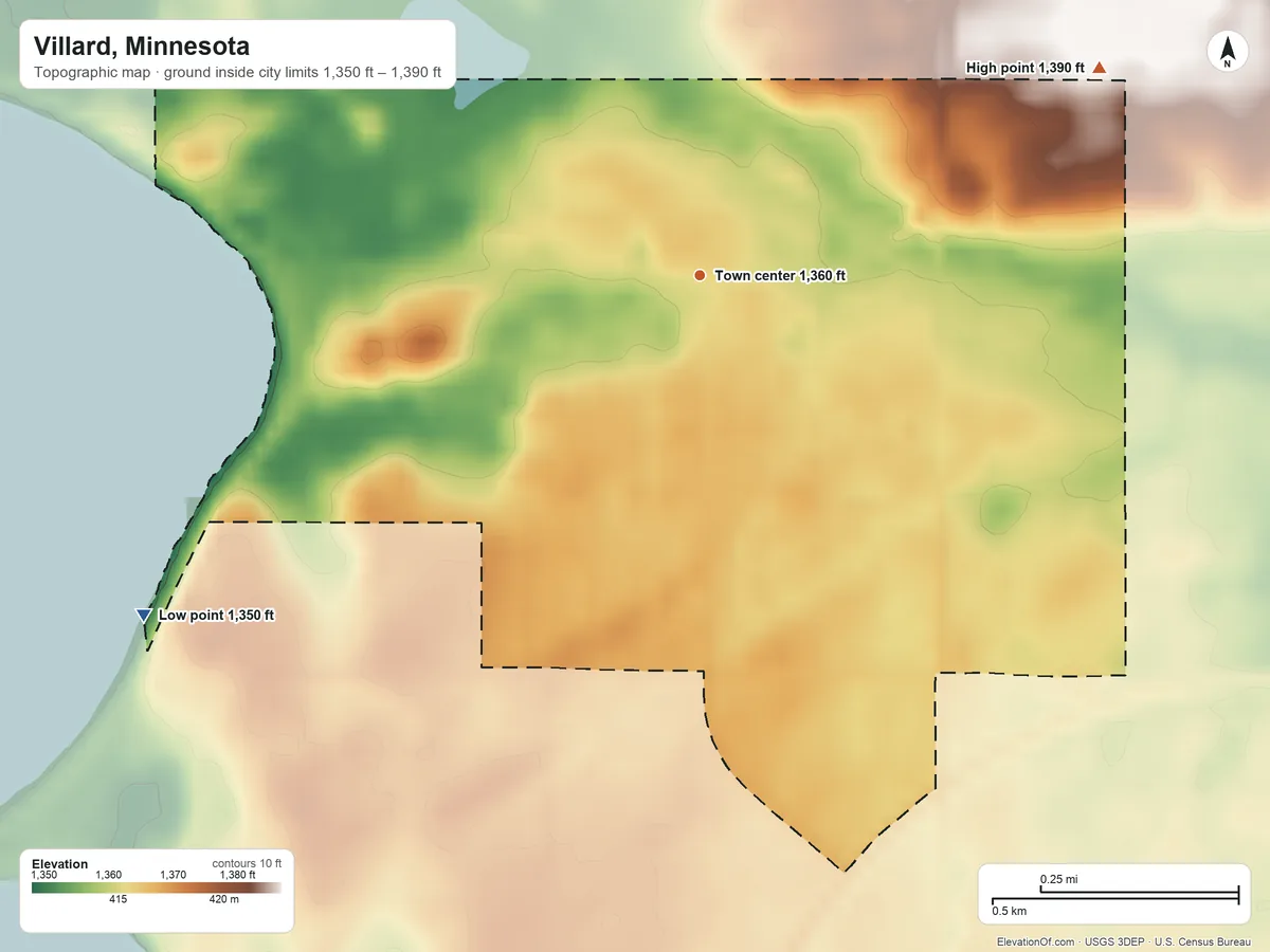 Topographic elevation map of Villard, Minnesota, shaded from 1,350 ft on the southwest side to 1,390 ft on the northeast side