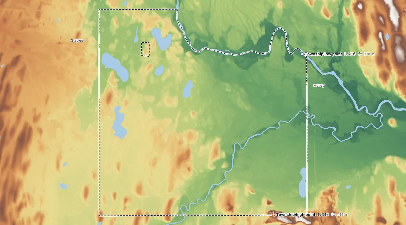 Topographic elevation map of Villard Township, Minnesota, shaded from 1,210 ft on the east side to 1,340 ft on the southeast side