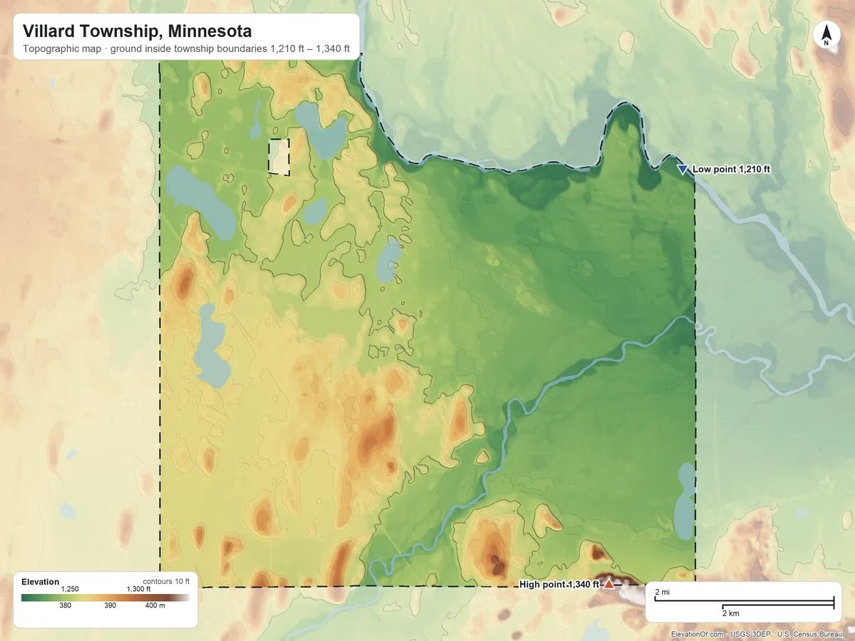 Topographic elevation map of Villard Township, Minnesota, shaded from 1,210 ft on the east side to 1,340 ft on the southeast side