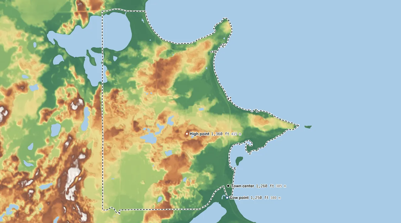 Topographic elevation map of Vineland, Minnesota, shaded from 1,250 ft near the middle to 1,360 ft on the northwest side