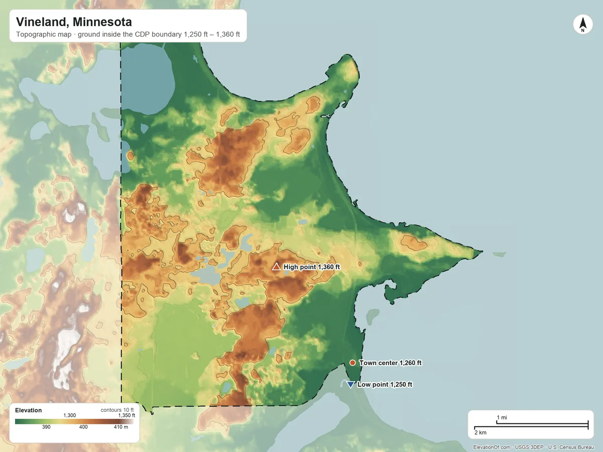 Topographic elevation map of Vineland, Minnesota, shaded from 1,250 ft near the middle to 1,360 ft on the northwest side