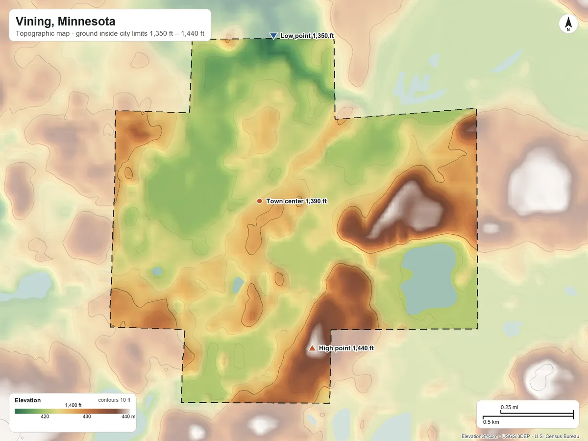 Topographic elevation map of Vining, Minnesota, shaded from 1,350 ft on the north side to 1,440 ft on the south side