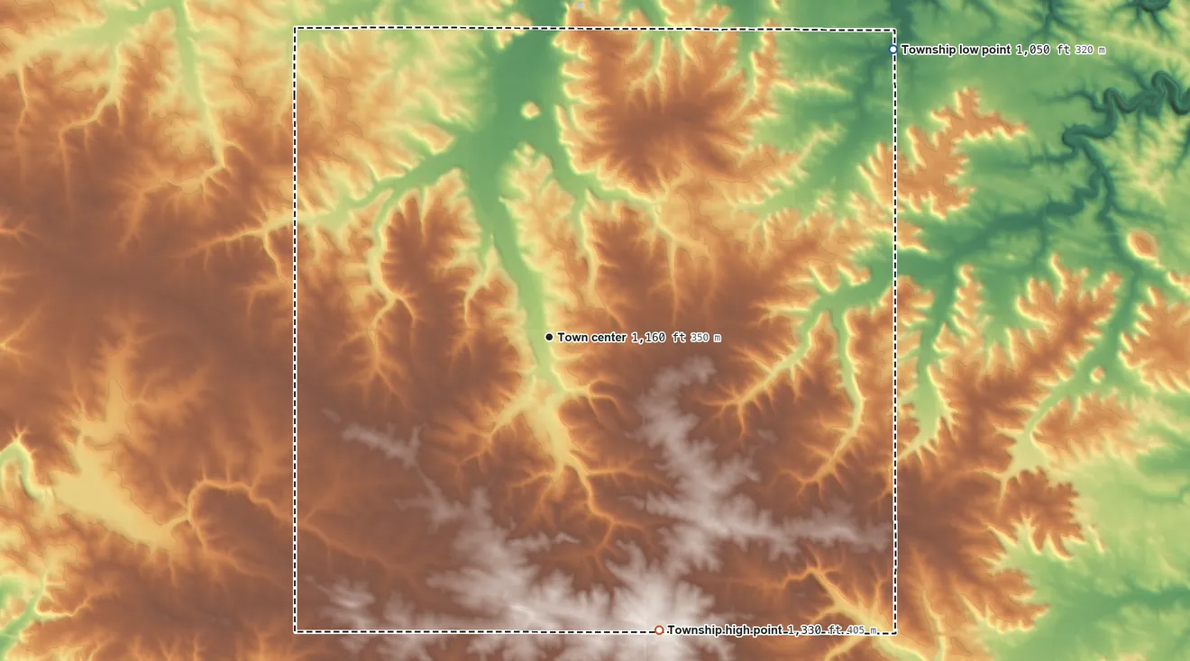 Topographic elevation map of Viola Township, Minnesota, shaded from 1,050 ft on the northeast side to 1,330 ft on the south side