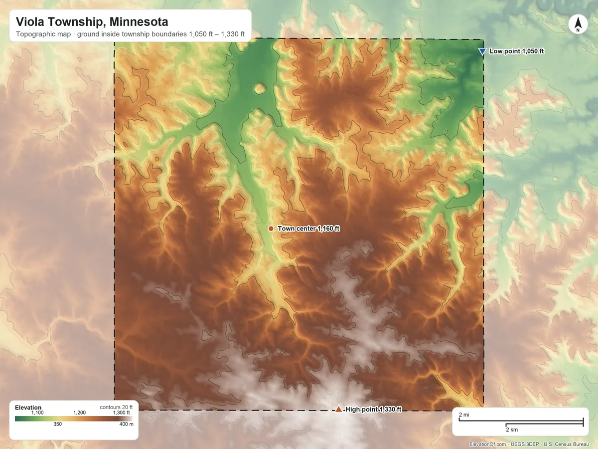 Topographic elevation map of Viola Township, Minnesota, shaded from 1,050 ft on the northeast side to 1,330 ft on the south side