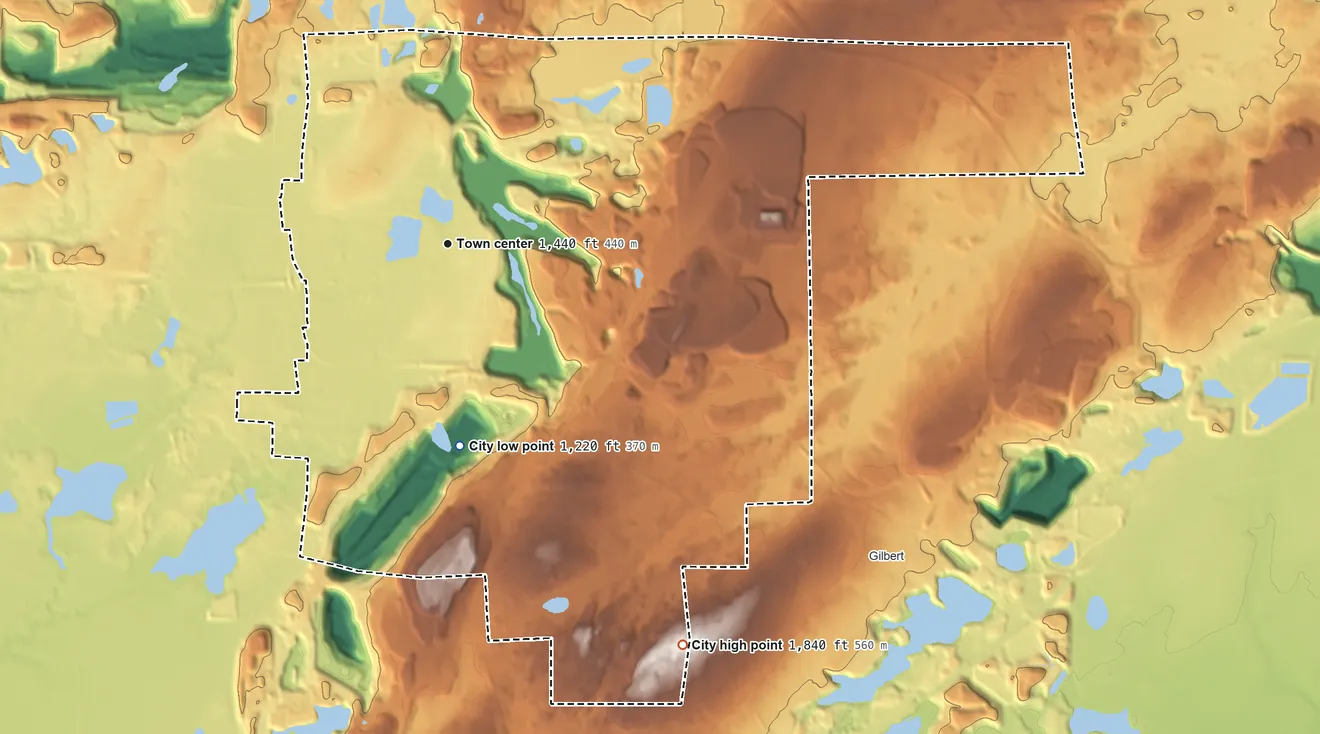 Topographic elevation map of Virginia, Minnesota, shaded from 1,220 ft on the south side to 1,840 ft on the southeast side