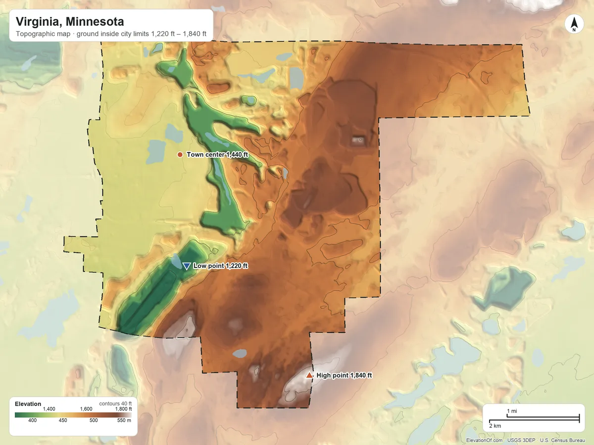 Topographic elevation map of Virginia, Minnesota, shaded from 1,220 ft on the south side to 1,840 ft on the southeast side