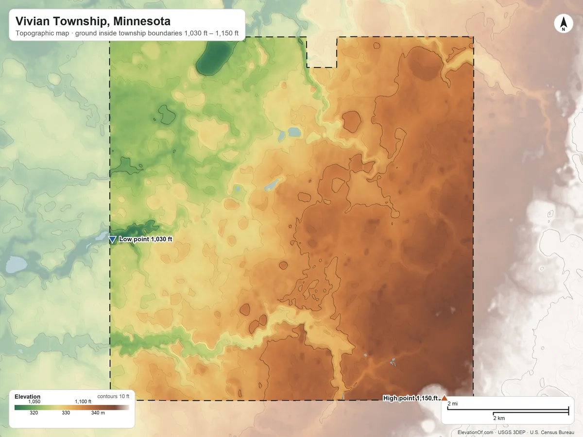 Topographic elevation map of Vivian Township, Minnesota, shaded from 1,030 ft on the west side to 1,150 ft on the southeast side