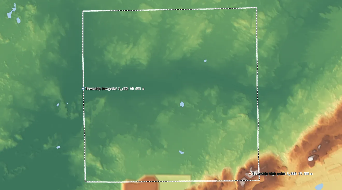 Topographic elevation map of Waasa Township, Minnesota, shaded from 1,430 ft on the west side to 1,880 ft on the southeast side