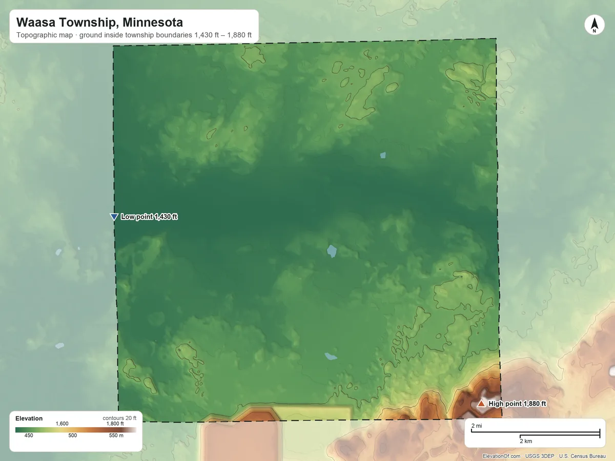 Topographic elevation map of Waasa Township, Minnesota, shaded from 1,430 ft on the west side to 1,880 ft on the southeast side
