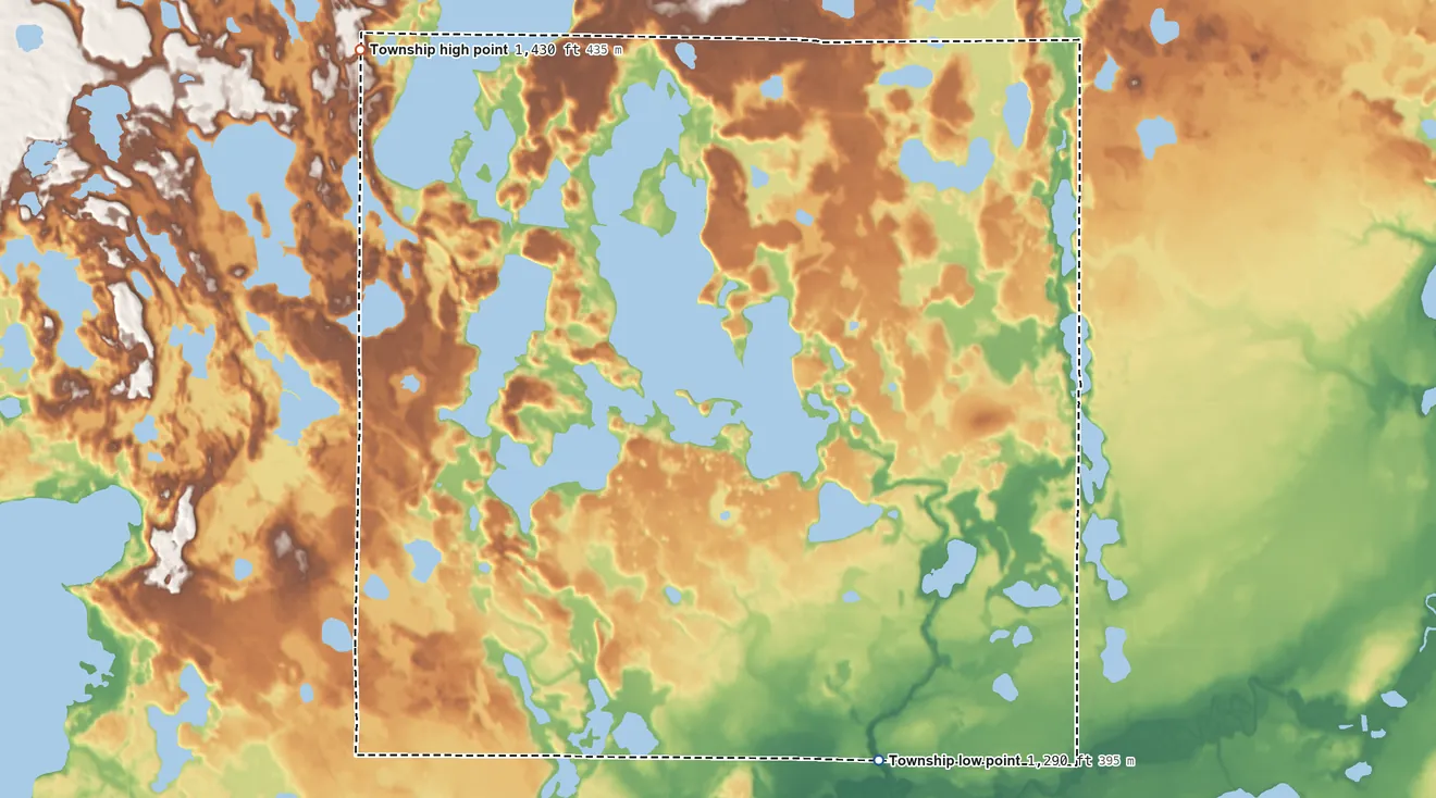 Topographic elevation map of Wabana Township, Minnesota, shaded from 1,290 ft on the southeast side to 1,430 ft on the northwest side