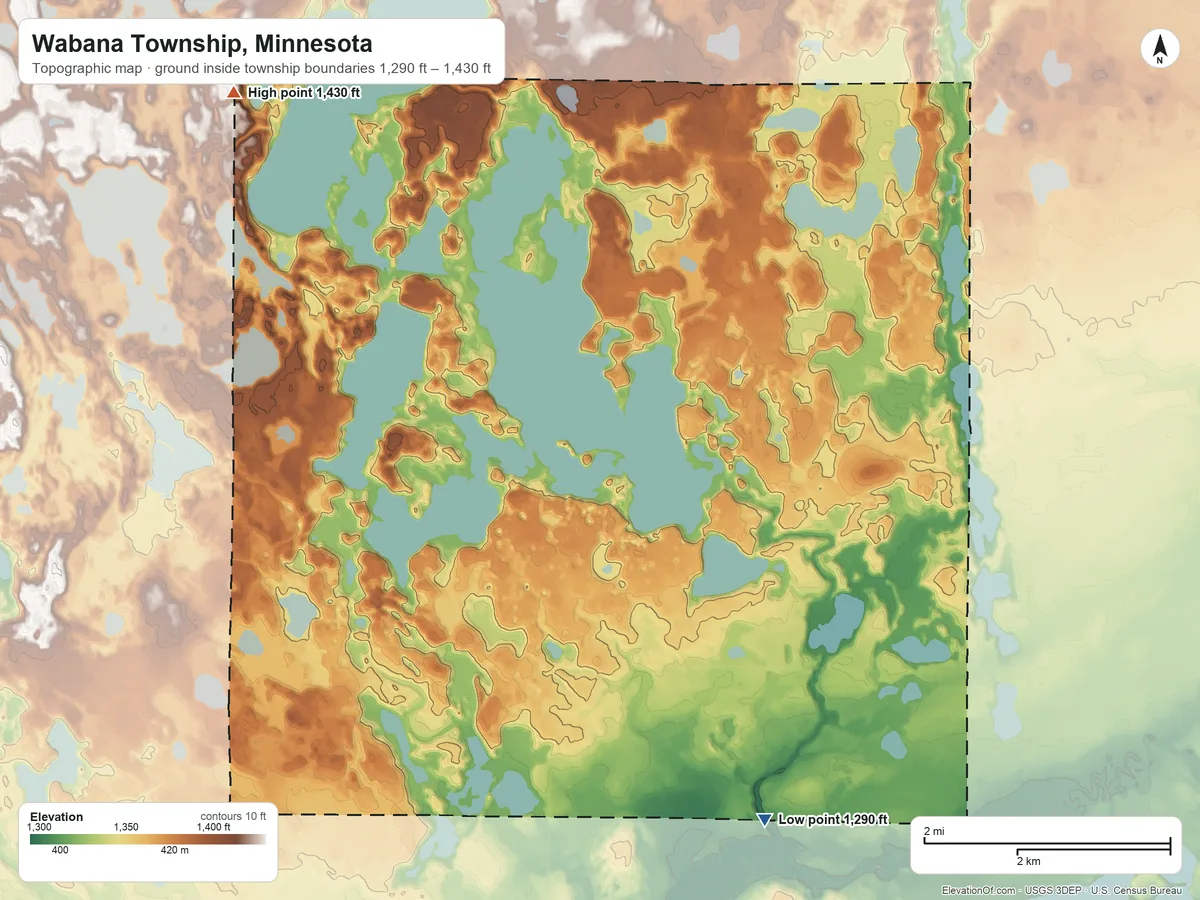Topographic elevation map of Wabana Township, Minnesota, shaded from 1,290 ft on the southeast side to 1,430 ft on the northwest side