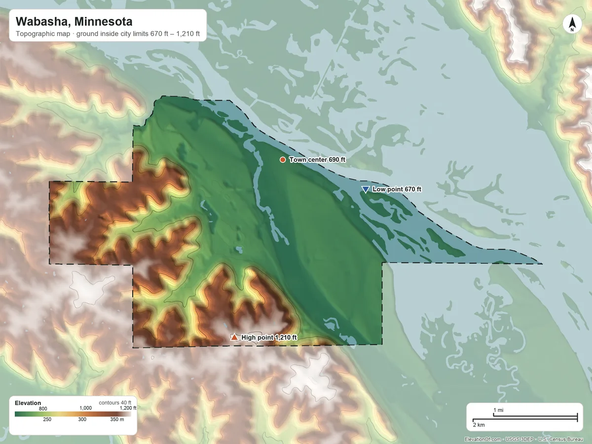 Topographic elevation map of Wabasha, Minnesota, shaded from 670 ft on the east side to 1,210 ft on the south side