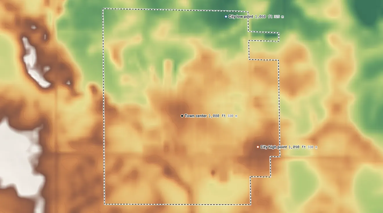 Topographic elevation map of Wabasso, Minnesota, shaded from 1,060 ft on the northeast side to 1,090 ft on the east side