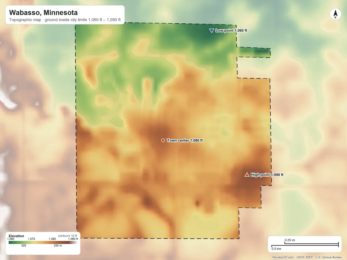 Topographic elevation map of Wabasso, Minnesota, shaded from 1,060 ft on the northeast side to 1,090 ft on the east side