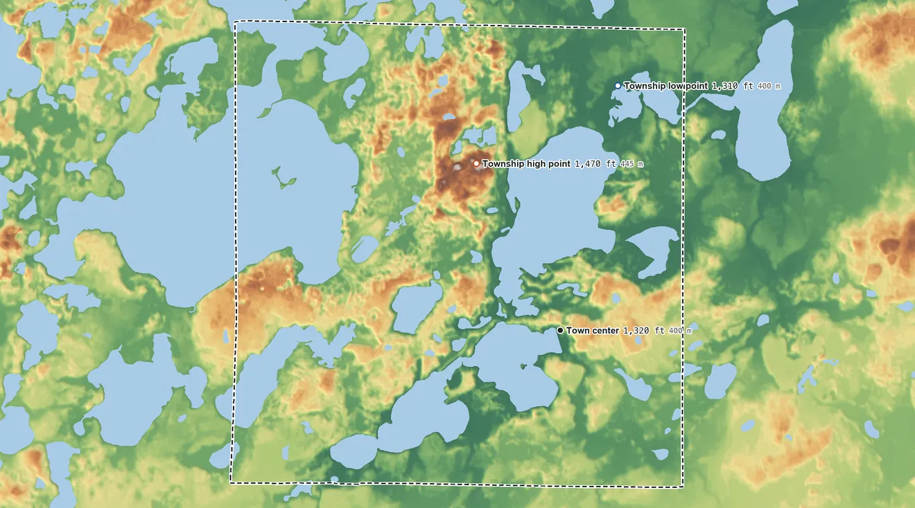 Topographic elevation map of Wabedo Township, Minnesota, shaded from 1,310 ft on the north side to 1,470 ft on the northwest side
