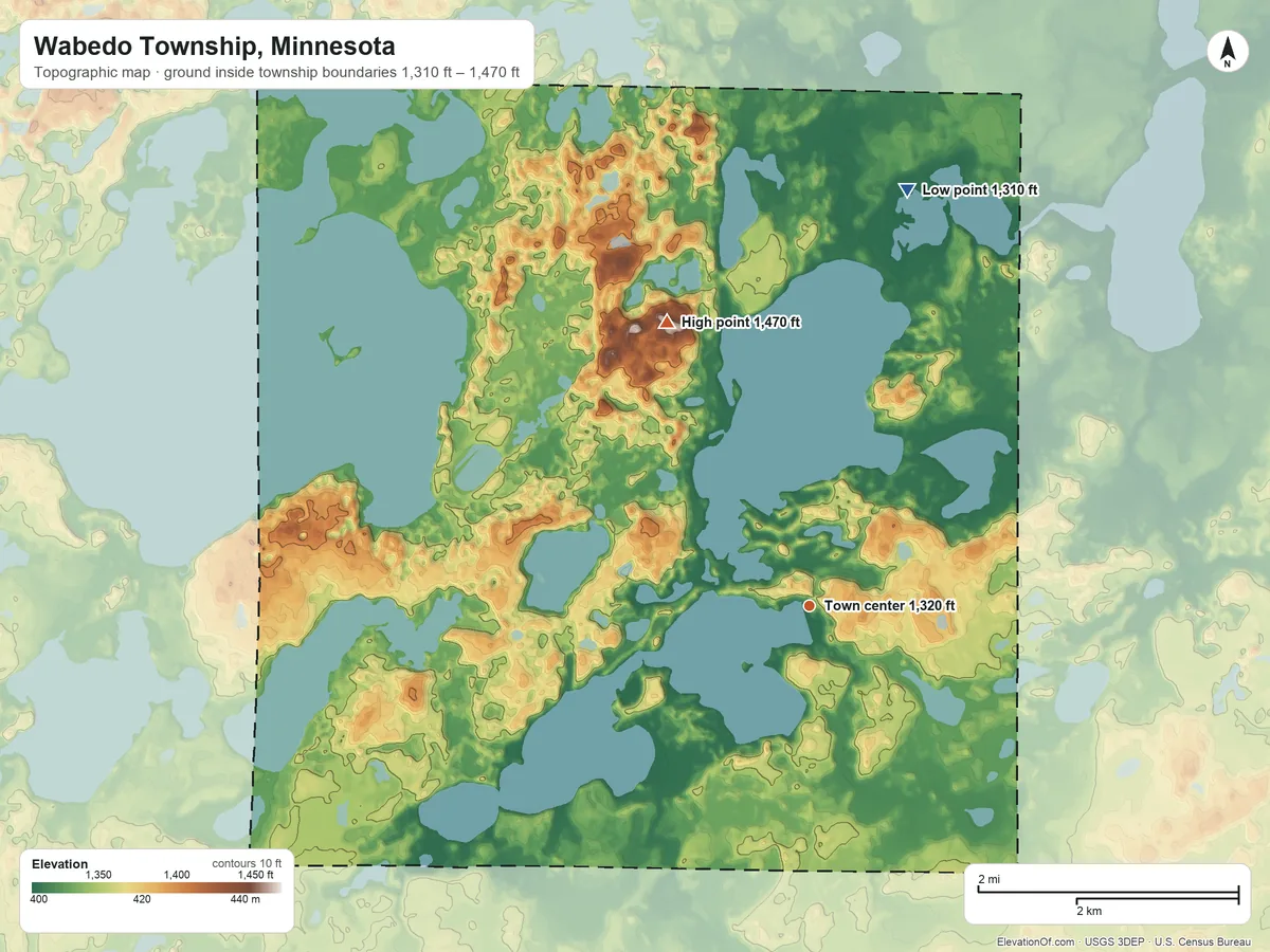 Topographic elevation map of Wabedo Township, Minnesota, shaded from 1,310 ft on the north side to 1,470 ft on the northwest side