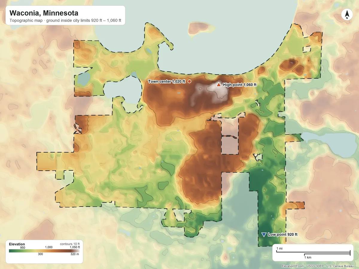 Topographic elevation map of Waconia, Minnesota, shaded from 920 ft on the southeast side to 1,060 ft near the middle