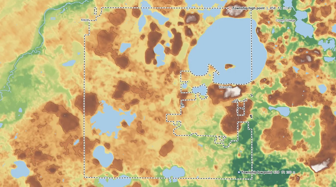 Topographic elevation map of Waconia Township, Minnesota, shaded from 920 ft on the southeast side to 1,050 ft on the northeast side