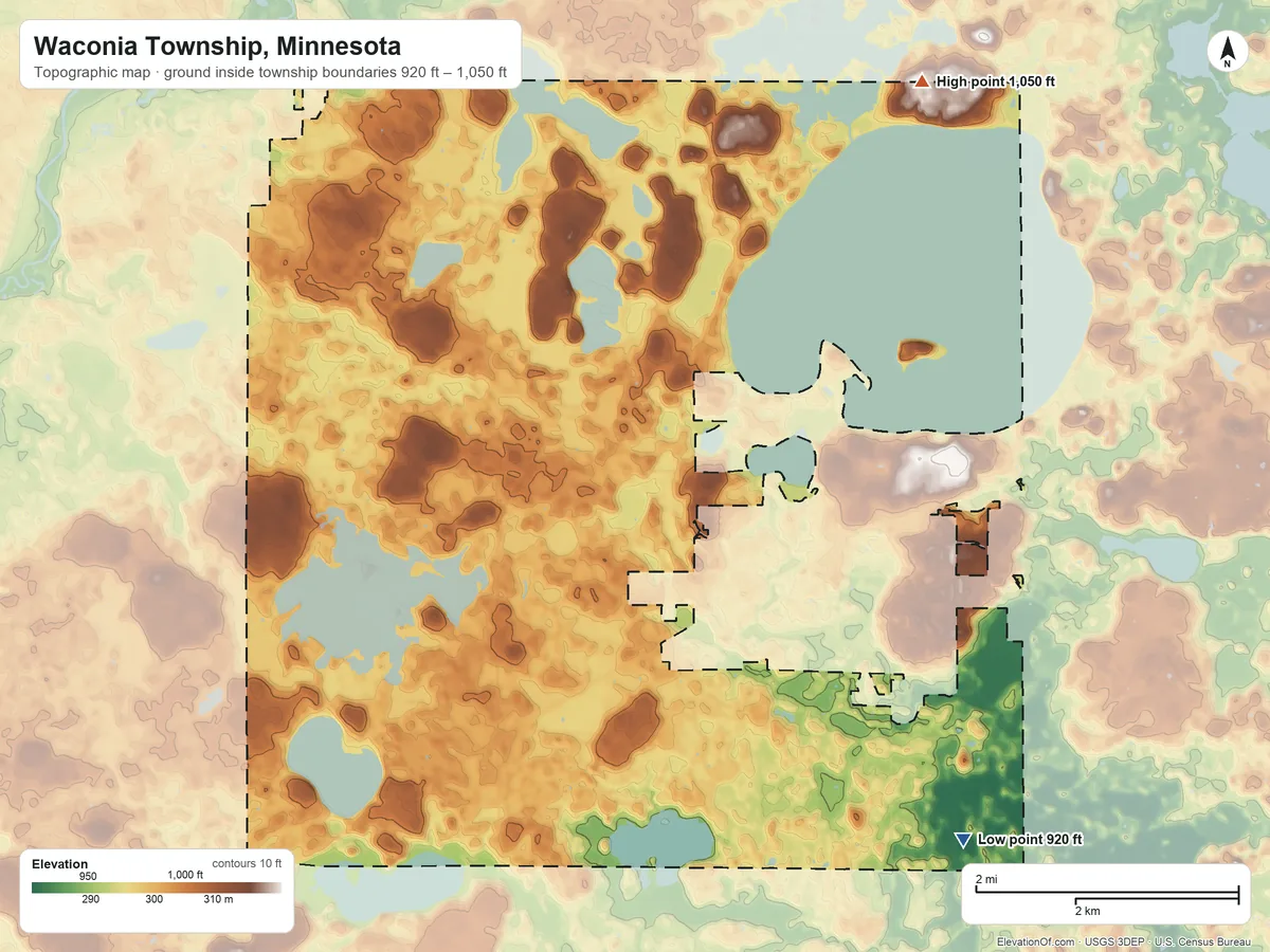 Topographic elevation map of Waconia Township, Minnesota, shaded from 920 ft on the southeast side to 1,050 ft on the northeast side