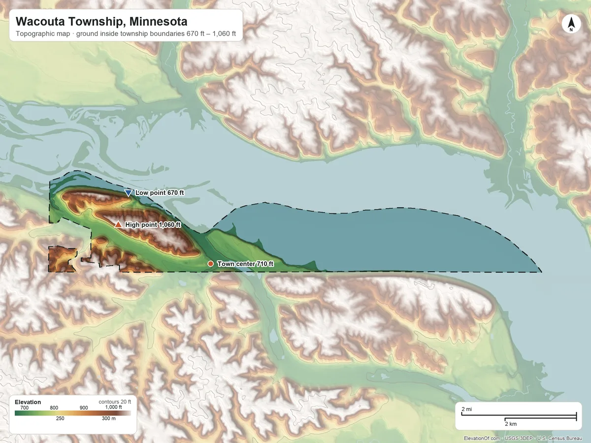 Topographic elevation map of Wacouta Township, Minnesota, shaded from 670 ft on the northwest side to 1,060 ft on the northwest side