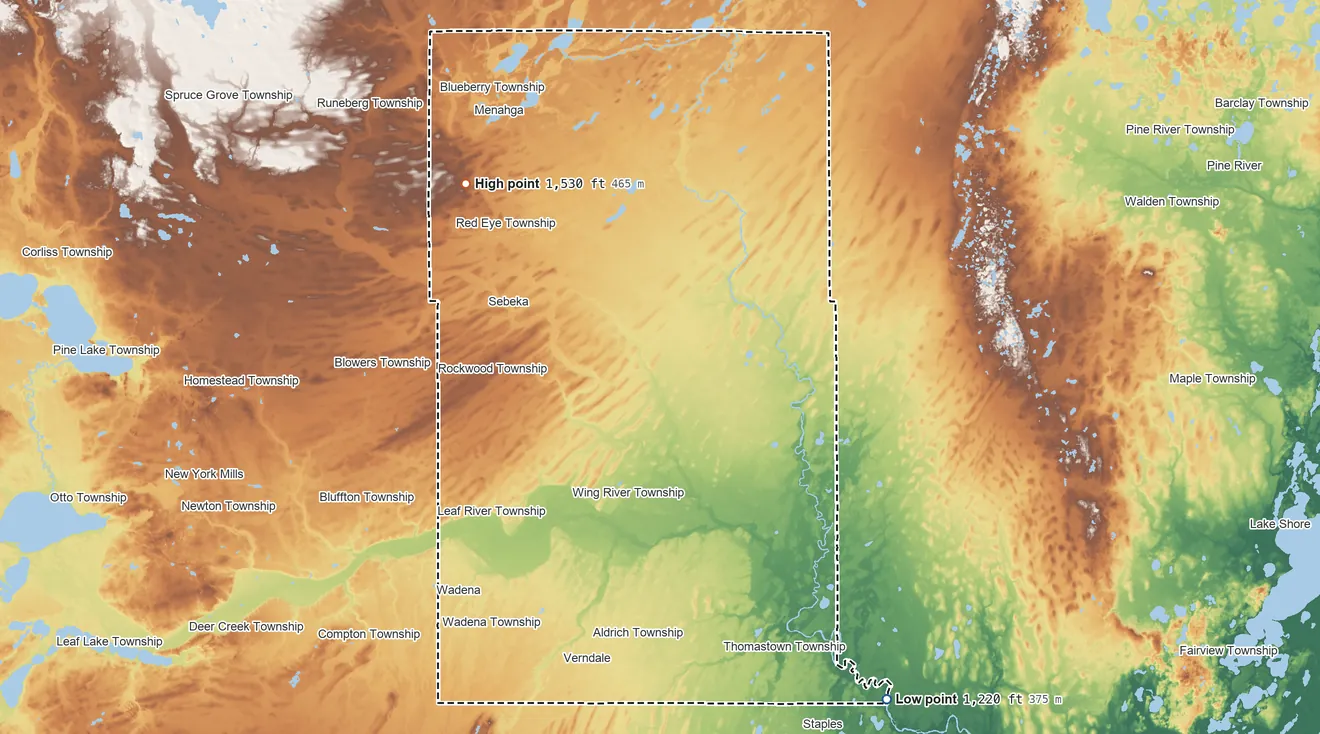 Topographic elevation map of Wadena County, Minnesota, shaded from 1,220 ft on the southeast side to 1,530 ft on the northwest side